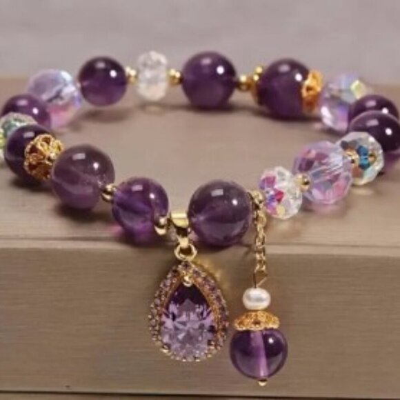 Jewelry - Boho-Chic Amethyst & Zirconia Heart Pendant Bracelet - Polished Natural Crystal